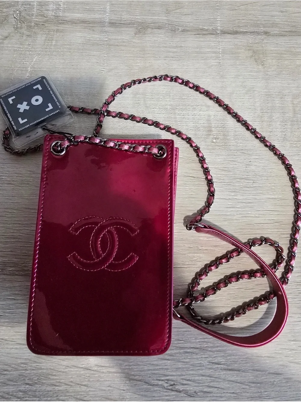 CHANEL Fuchsia Patent Leather CC Phone Crossbody with Chain Strap
